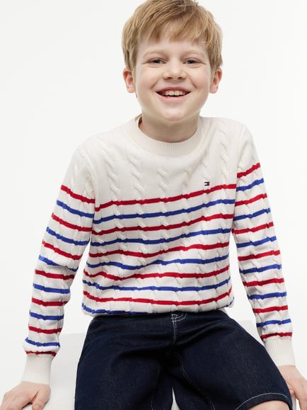 Tommy Hilfiger Kids' Essential Cable Knit Crew Neck Jumper, Multi - view 2, Multi