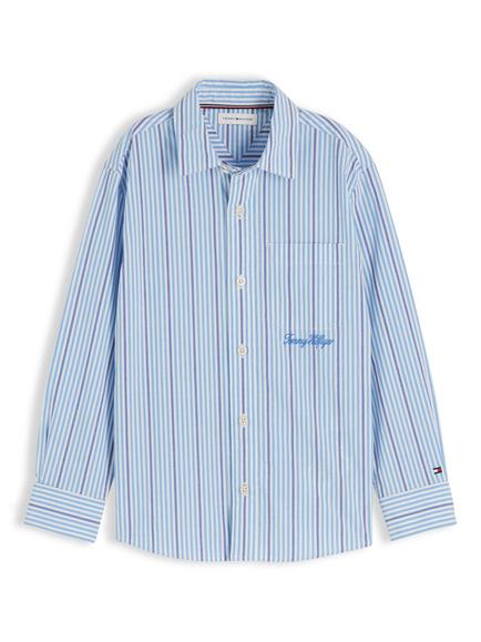 Tommy Hilfiger Kids' Regular Fit Stripe Logo Embroidery Poplin Shirt, Light Blue, Light Blue