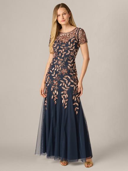 Adrianna Papell Floral Beaded Maxi Dress, Navy/Rose Gold, Navy/Rose Gold