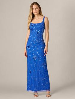 Adrianna Papell Beaded Mesh Column Dress, Brilliant Sapphire, Brilliant Sapphire