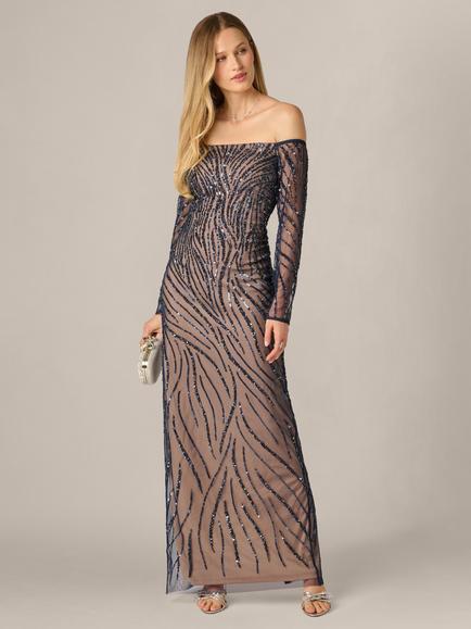 Adrianna Papell Bardot Beaded Long Dress, Navy/Neutral, Navy/Neutral