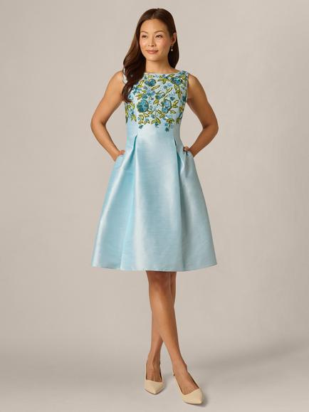 Adrianna Papell Beaded Shantung Dress, Sky/Multi, Sky/Multi