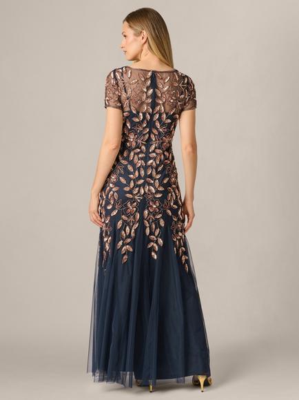 Adrianna Papell Petite Bead Long Dress, Navy/Rosegold - view 2, Navy/Rosegold