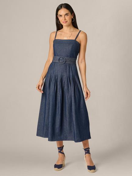 Adrianna By Adrianna Papell Pintucked Denim Dress, Dark Denim, Dark Denim