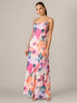 Adrianna By Adrianna Papell Watercolour Sateen Maxi Dress, Pink/Orange Multi, Pink/Orange Multi