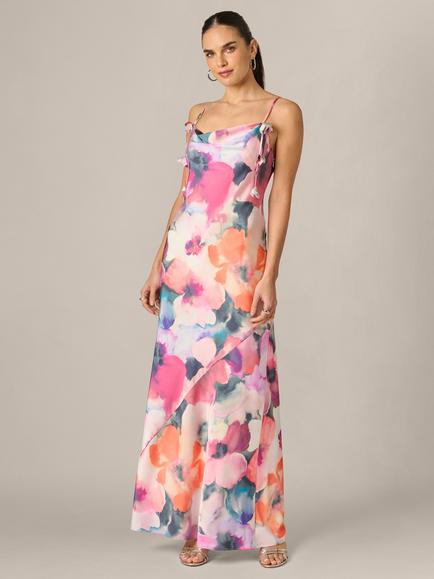 Adrianna By Adrianna Papell Watercolour Sateen Maxi Dress, Pink/Orange Multi, Pink/Orange Multi