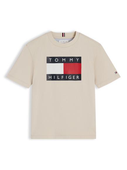Tommy Hilfiger Kids' Heritage Flag Crew Neck Cotton Logo T-Shirt, Beige