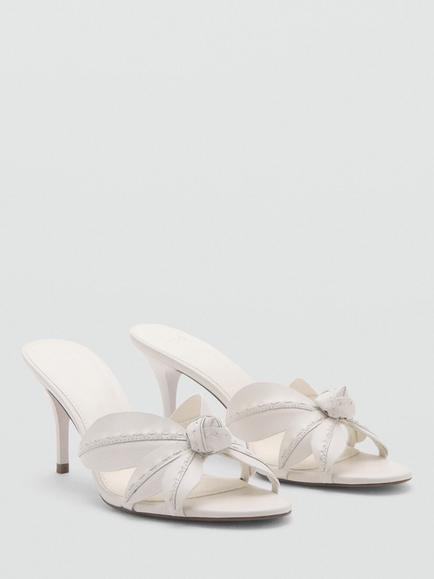 Mango Leather Flower Detail Heeled Sandals, Raw - view 2, Raw