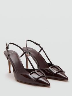 Mango Patent Pointed Stiletto Heel Slingback Court Shoes, Chocolate - view 2, Chocolate