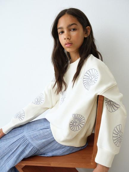 Mango Kids' Crew Neck Seashell Embroidery Sweatshirt, Off White, Off White