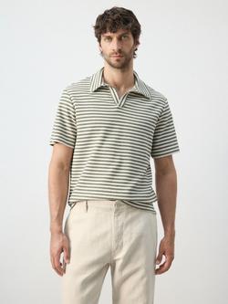 Mango Striped Cotton Blend Knit Collared Polo T-Shirt, Moss