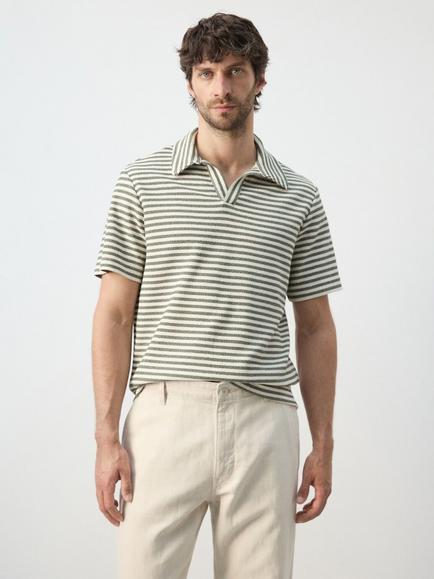 Mango Striped Cotton Blend Knit Collared Polo T-Shirt, Moss