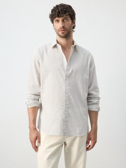 Mango Stripe Cotton Linen Blend Shirt, Sand, Sand