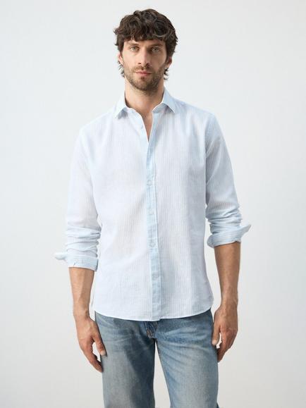 Mango Stripe Cotton Linen Blend Shirt, Sky Blue, Sky Blue