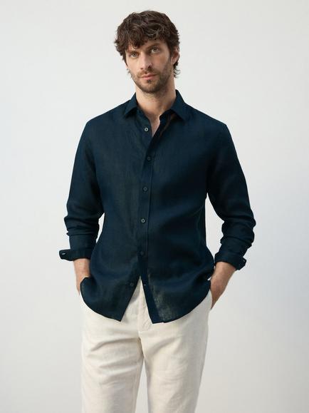 Mango Pure Linen Shirt, Midnight Blue