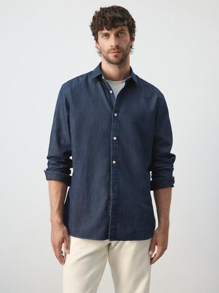 Mango Linen Blend Regular Fit Shirt, Dark Denim, Dark Denim