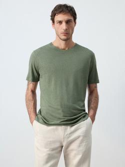 Mango Linen Blend Regular Fit Short Sleeve T-Shirt, Moss