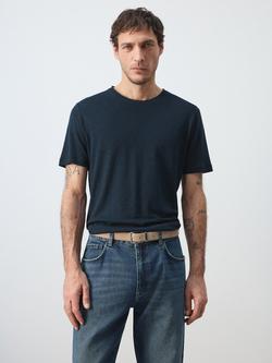 Mango Linen Blend Regular Fit Short Sleeve T-Shirt, Navy, Navy