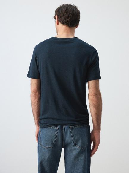 Mango Linen Blend Regular Fit Short Sleeve T-Shirt, Navy - view 2, Navy