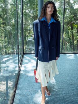 Mango Striped Double Breasted Belted Blazer, Navy, Navy
