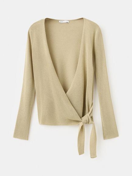 Mango Wrap Rib-Knit Side Tie V-Neck Cardigan, Aqua, Aqua