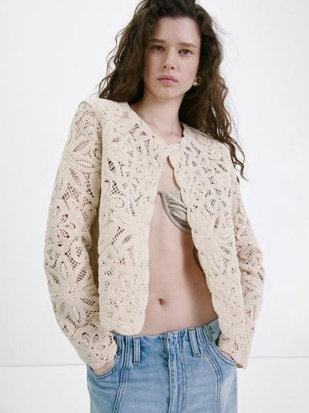 Mango Crochet Cropped Jacket, Sand, Sand
