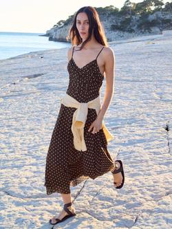 Mango Sleeveless Ruched Body V-Neck Midi Dress, Chocolate, Chocolate