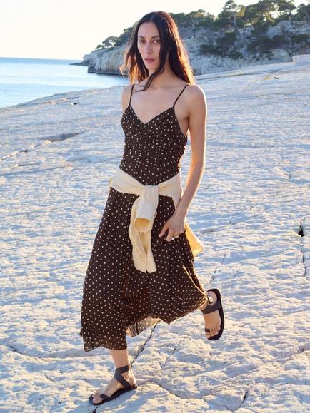 Mango Sleeveless Ruched Body V-Neck Midi Dress, Chocolate, Chocolate