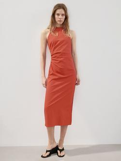 Mango Sleeveless Halterneck Side Ruched Midi Dress, Orange, Orange