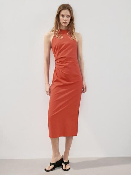 Mango Sleeveless Halterneck Side Ruched Midi Dress, Orange, Orange