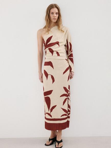 Mango Floral Draped Midi Dress, Beige, Beige