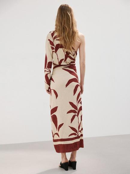 Mango Floral Draped Midi Dress, Beige - view 2, Beige
