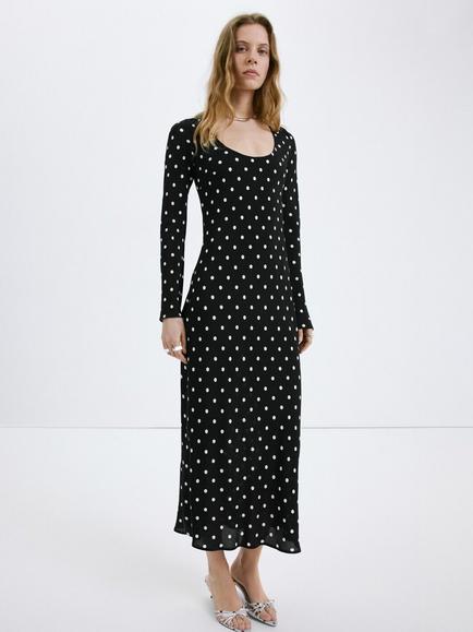 Mango Long Sleeve Scoop Neck Midi Dress, Black, Black