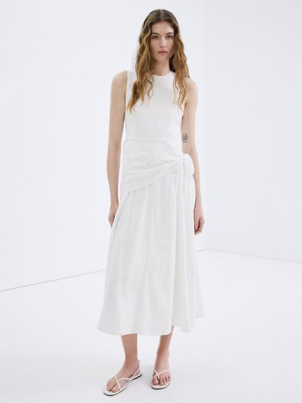 Mango Broderie Waist Tie Sleeveless Midi Dress, Beige, Beige