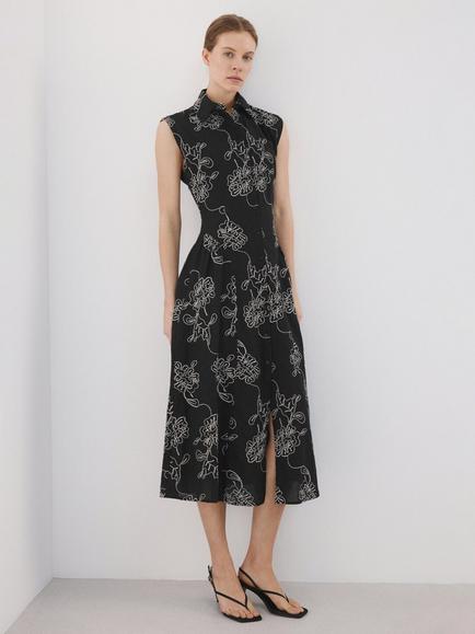 Mango Sleeveless Embroidered Shirt Midi Dress, Black, Black