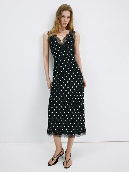 Mango Polka Dot Midi Slip Dress, Black, Black