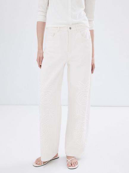 Mango Floral Embroidered Wide Leg Jeans, Off White, Off White