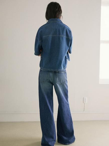 Mango Mid Rise Wide Leg Longline Jeans, Mid Blue - view 2, Mid Blue