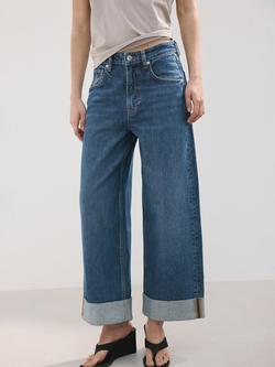 Mango Wide Leg Folded Hem Cropped Jeans, Mid Blue, Mid Blue