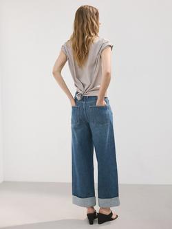 Mango Wide Leg Folded Hem Cropped Jeans, Mid Blue - view 2, Mid Blue