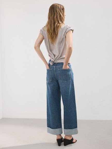 Mango Wide Leg Folded Hem Cropped Jeans, Mid Blue - view 2, Mid Blue