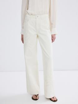 Mango Floral Embroidered Mid-Rise Jeans, Beige, Beige