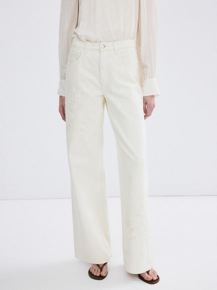 Mango Floral Embroidered Mid-Rise Jeans, Beige, Beige