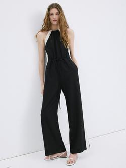 Mango Linen Blend Halter Neck Wide Leg Jumpsuit, Black, Black