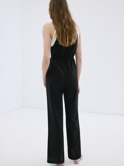 Mango Linen Blend Halter Neck Wide Leg Jumpsuit, Black - view 2, Black