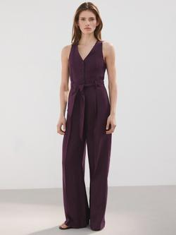 Mango Sleeveless V-Neck Belted Jumpsuit, Mulberry, Mulberry