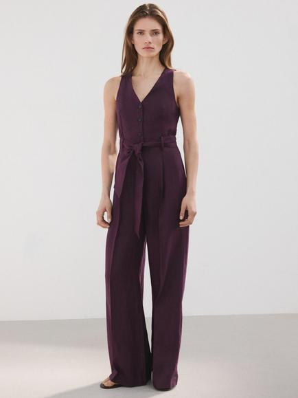Mango Sleeveless V-Neck Belted Jumpsuit, Mulberry, Mulberry