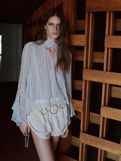 Mango Long Sleeve Tie Neck Ruffle Blouse, Blue, Blue