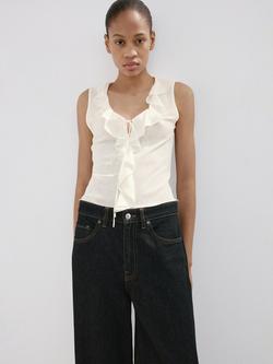 Mango Sleeveless Ruffle-Front V-Neck Blouse, Off White