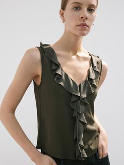 Mango Sleeveless Ruffle-Front V-Neck Blouse, Khaki